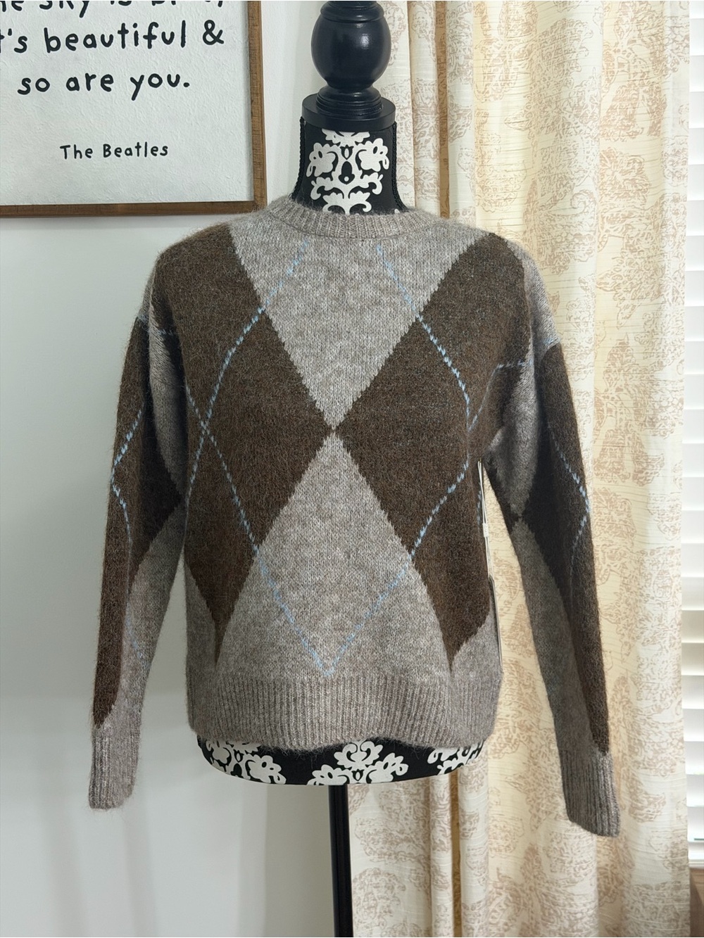 Cyrus Brown and Gray Argyle Crewneck Sweater
